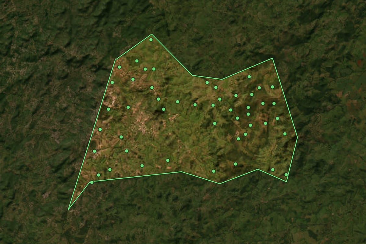 Imagem de satélite de Morro Agudo de Goiás (GO), com o contorno do município e a posição dos imóveis desta página.