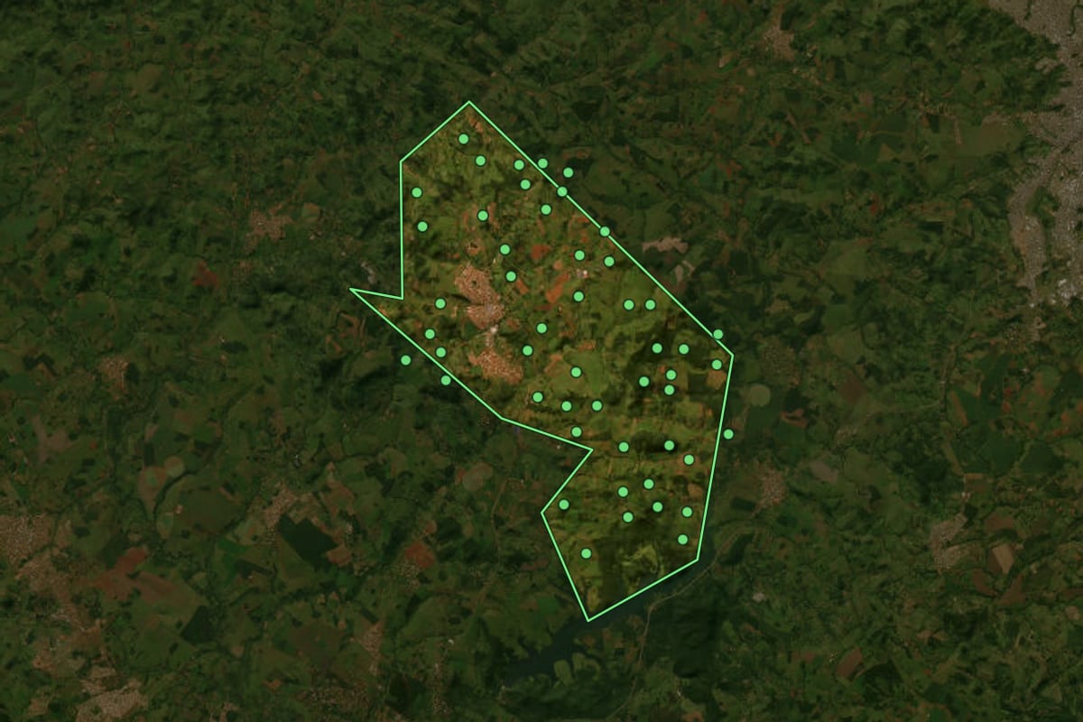 Imagem de satélite de Nerópolis (GO), com o contorno do município e a posição dos imóveis desta página.