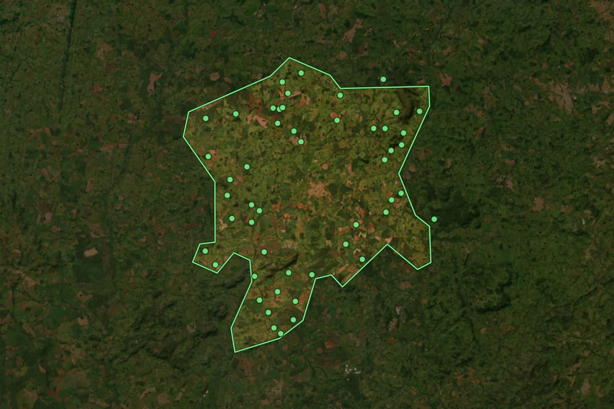 Imagem de satélite de Palmeiras de Goiás (GO), com o contorno do município e a posição dos imóveis desta página.