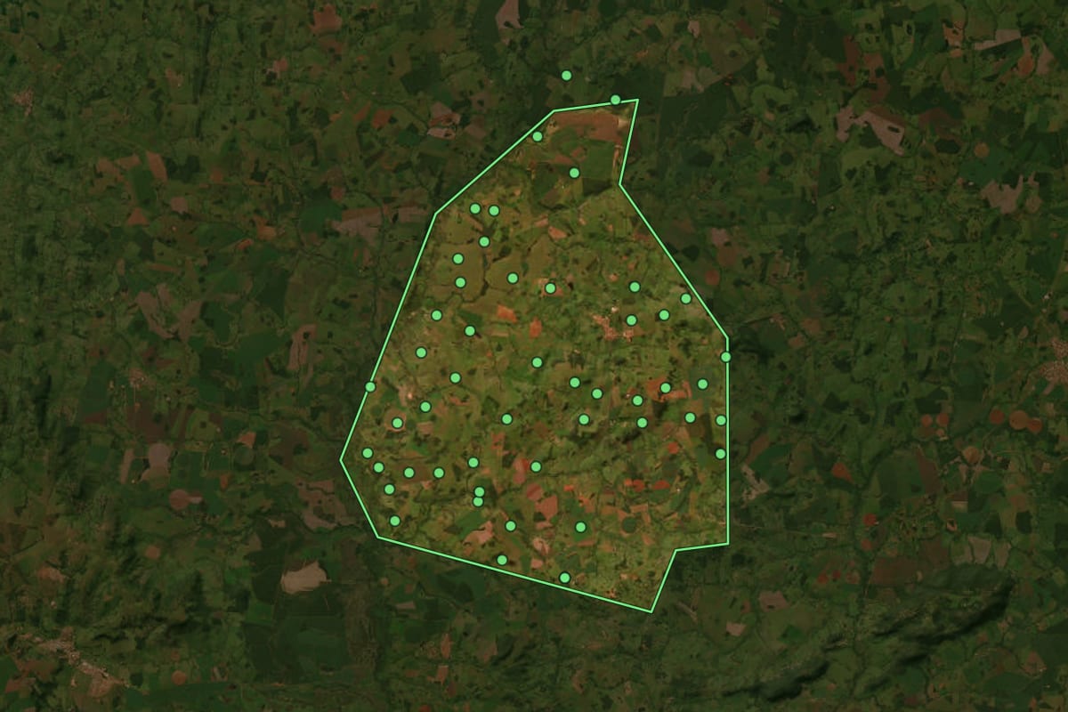 Imagem de satélite de Palminópolis (GO), com o contorno do município e a posição dos imóveis desta página.
