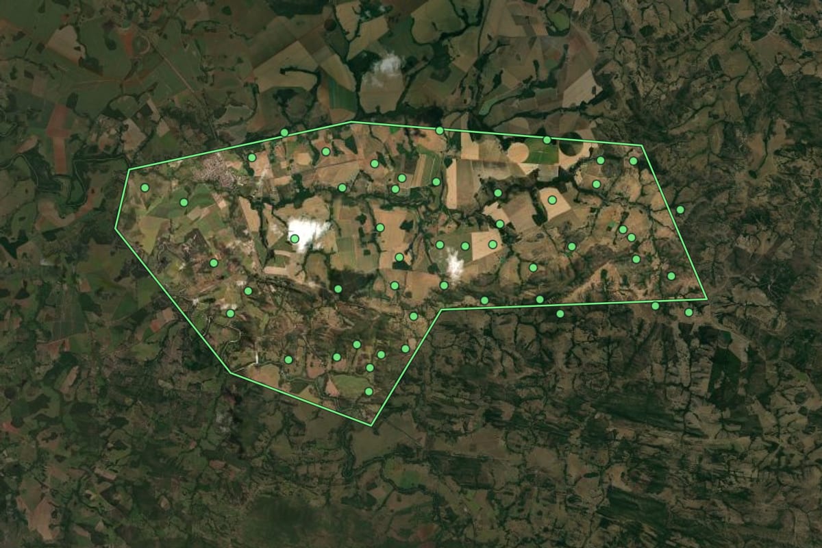 Imagem de satélite de Rianápolis (GO), com o contorno do município e a posição dos imóveis desta página.