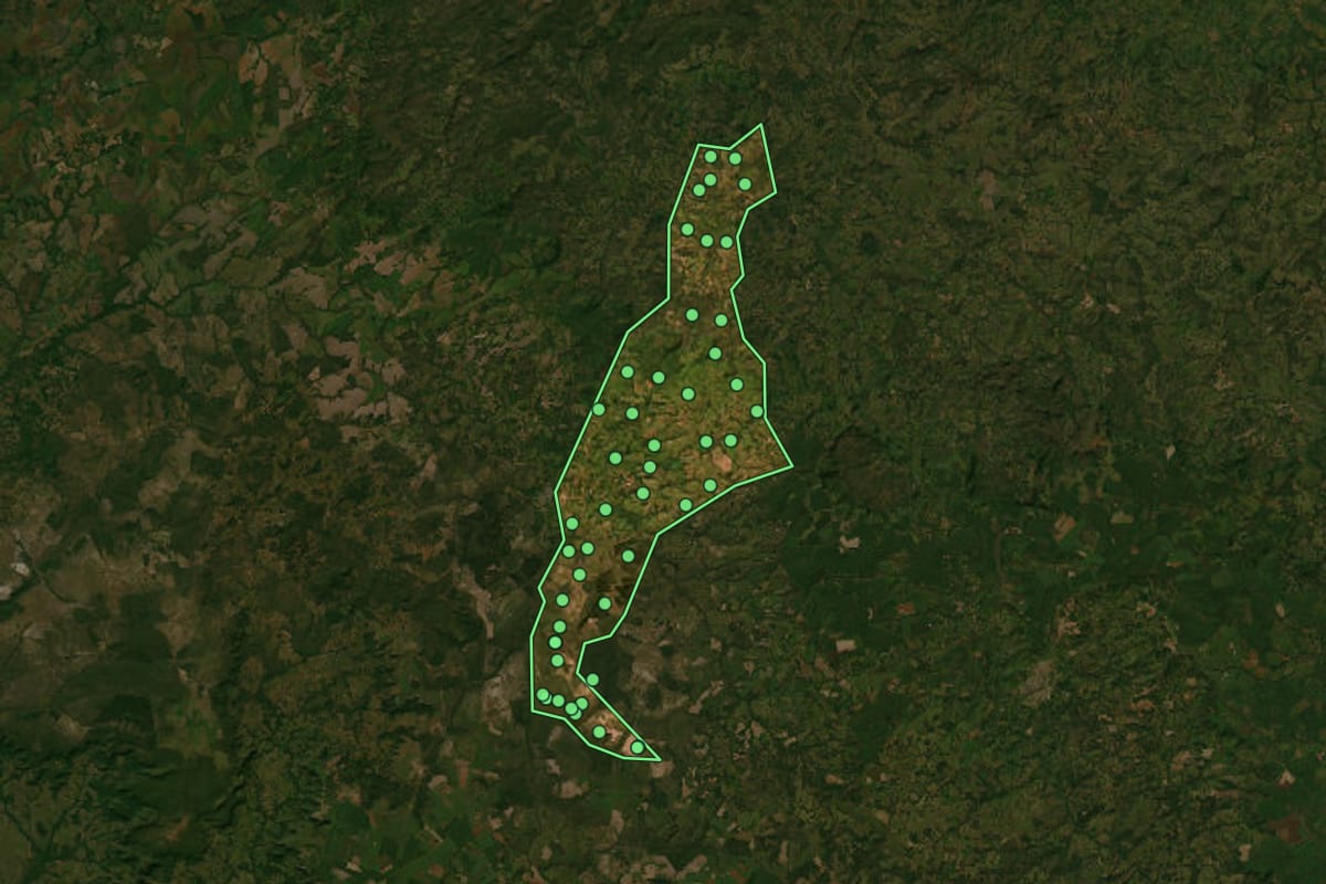 Imagem de satélite de Santa Rita do Araguaia (GO), com o contorno do município e a posição dos imóveis desta página.