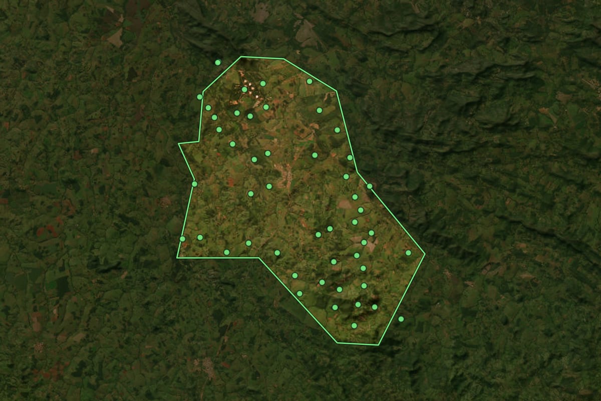 Imagem de satélite de São Francisco de Goiás (GO), com o contorno do município e a posição dos imóveis desta página.