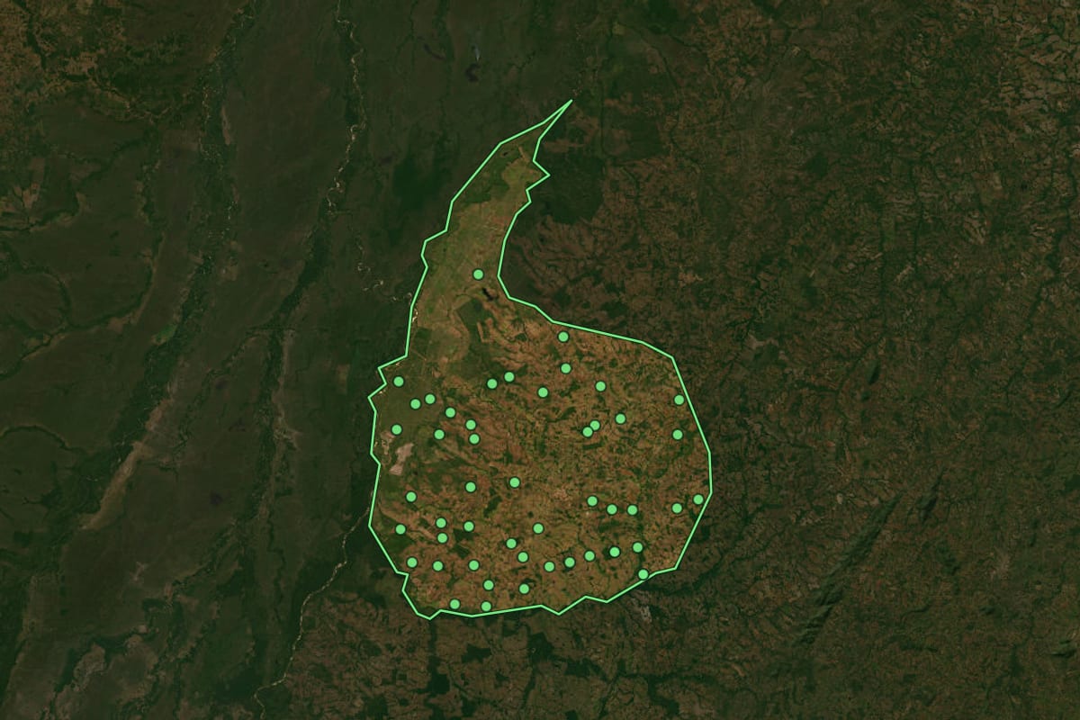 Imagem de satélite de São Miguel do Araguaia (GO), com o contorno do município e a posição dos imóveis desta página.