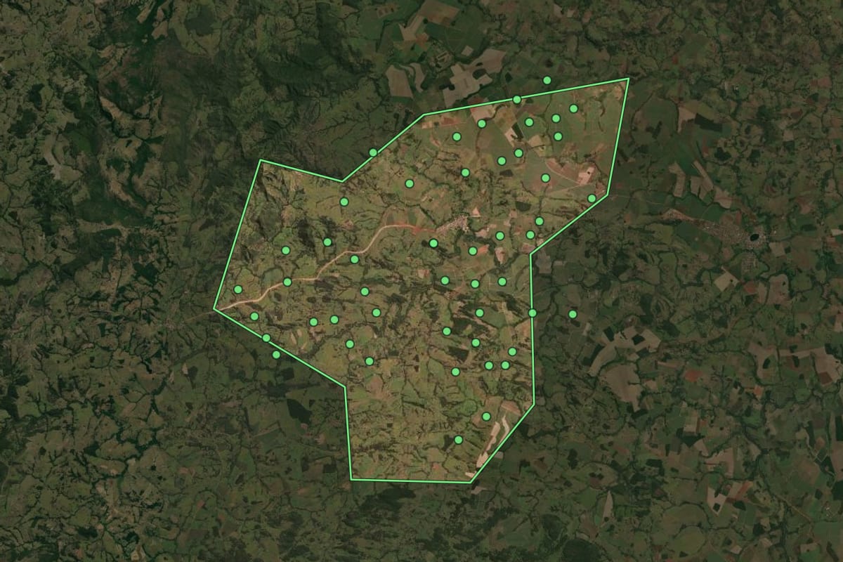Imagem de satélite de São Patrício (GO), com o contorno do município e a posição dos imóveis desta página.
