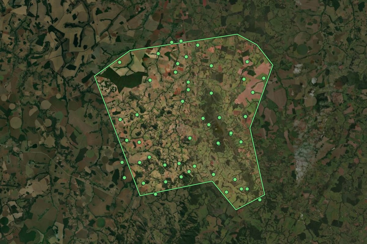 Imagem de satélite de Taquaral de Goiás (GO), com o contorno do município e a posição dos imóveis desta página.