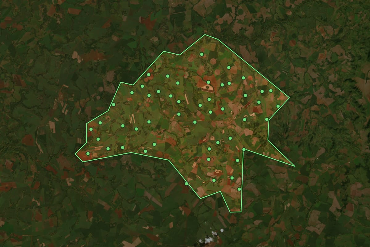 Imagem de satélite de Vicentinópolis (GO), com o contorno do município e a posição dos imóveis desta página.