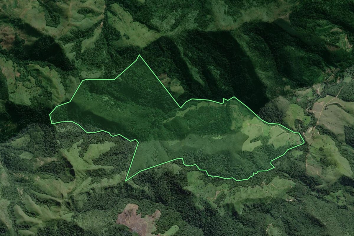 Imagem de satélite do imóvel rural em Adrianópolis (PR), com o contorno declarado no CAR desenhado por cima.