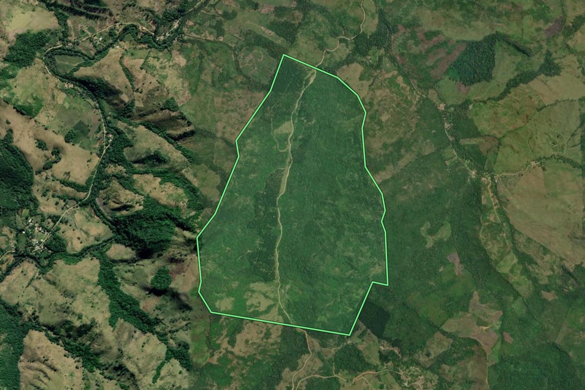 Imagem de satélite do imóvel rural em Adrianópolis (PR), com o contorno declarado no CAR desenhado por cima.