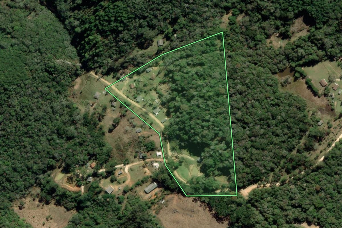 Imagem de satélite do imóvel rural em Adrianópolis (PR), com o contorno declarado no CAR desenhado por cima.