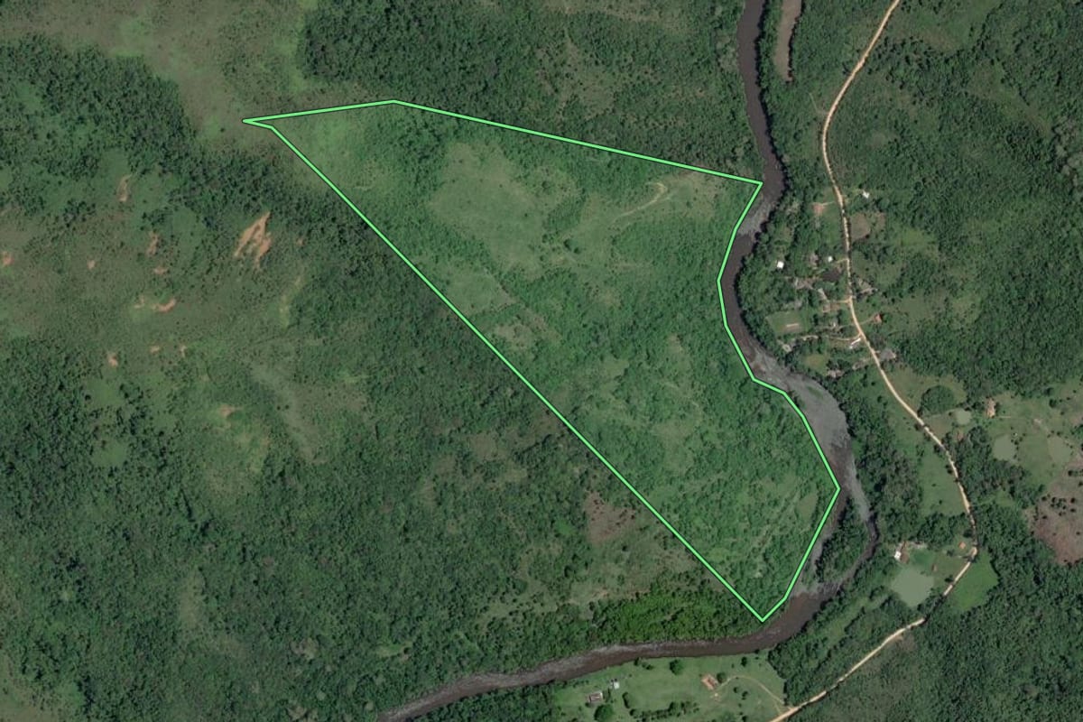 Imagem de satélite do imóvel rural em Adrianópolis (PR), com o contorno declarado no CAR desenhado por cima.
