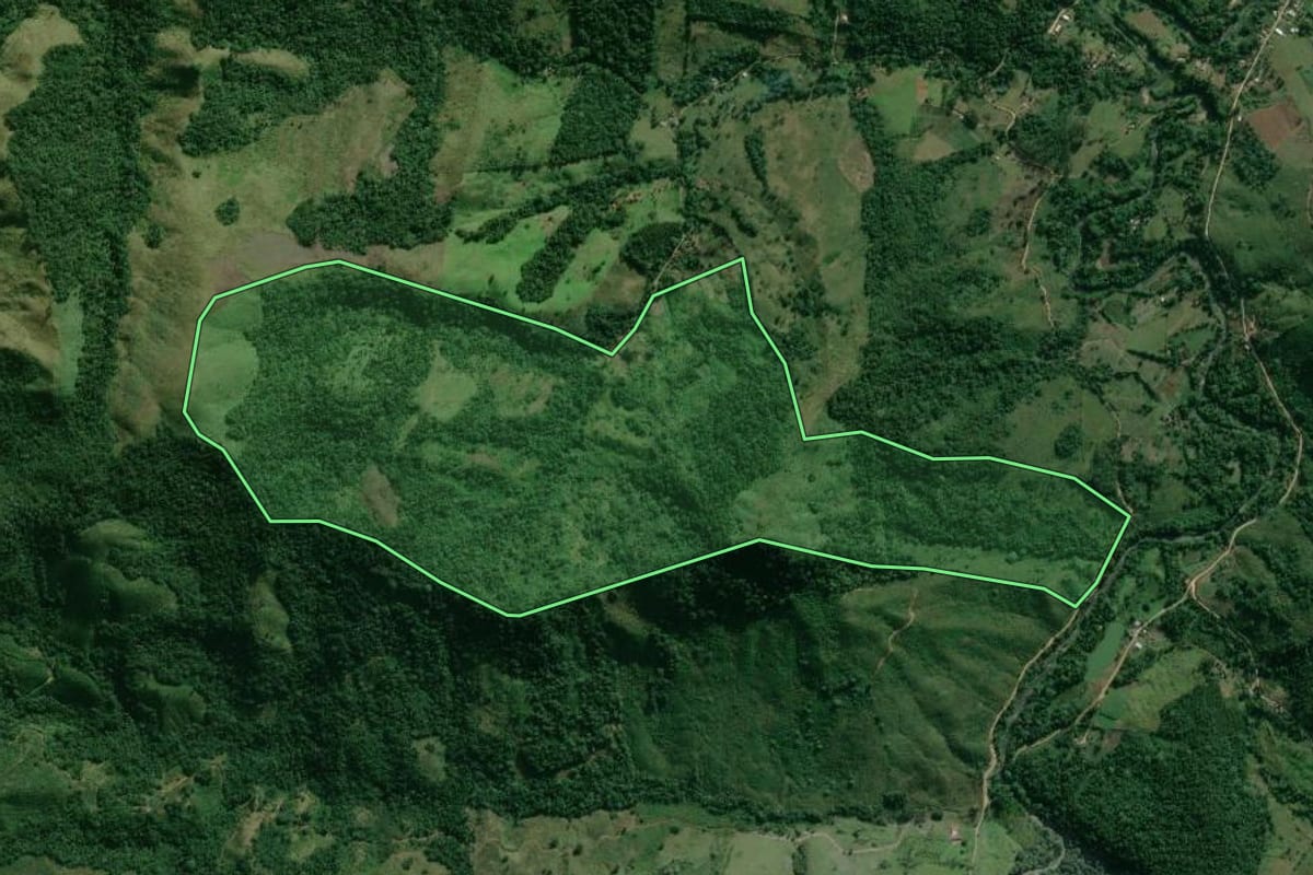 Imagem de satélite do imóvel rural em Adrianópolis (PR), com o contorno declarado no CAR desenhado por cima.