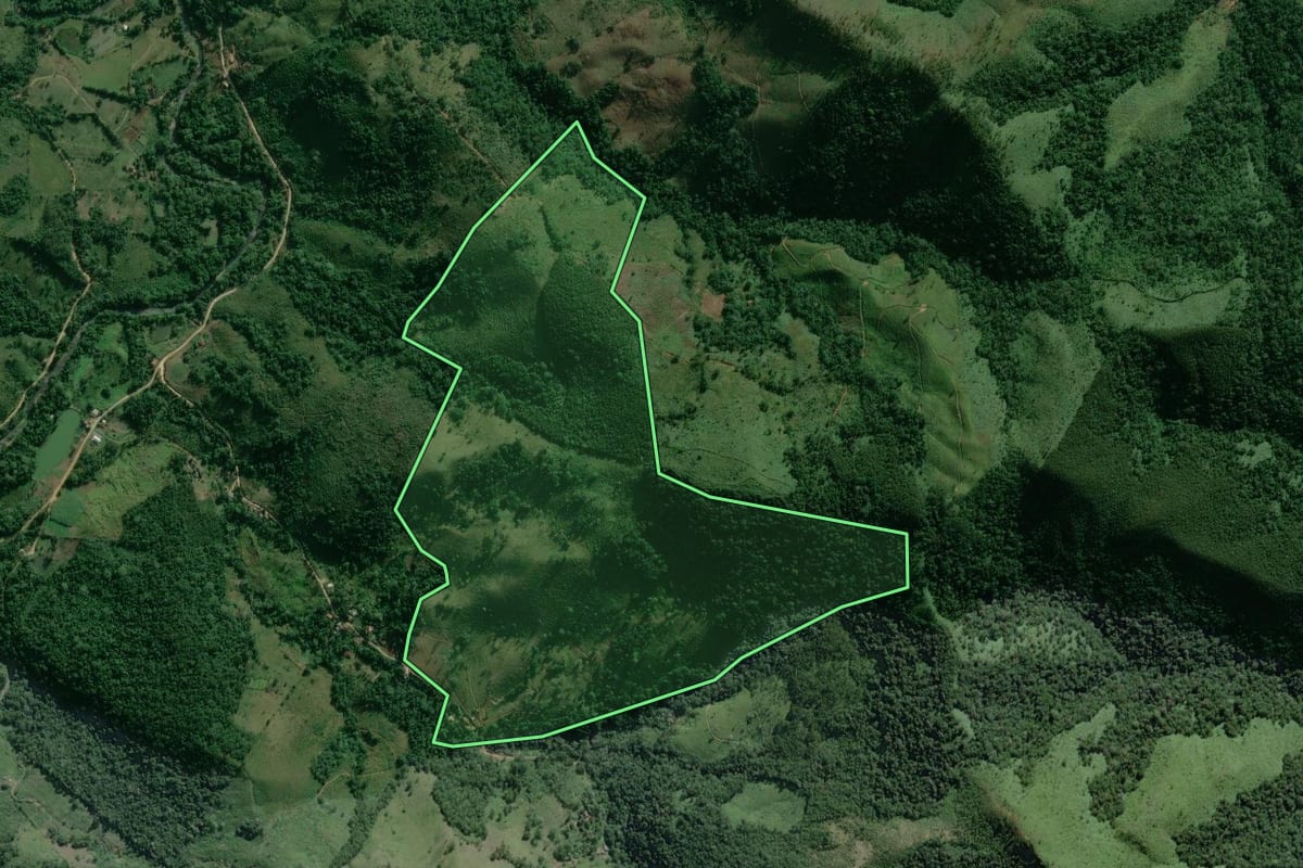 Imagem de satélite do imóvel rural em Adrianópolis (PR), com o contorno declarado no CAR desenhado por cima.