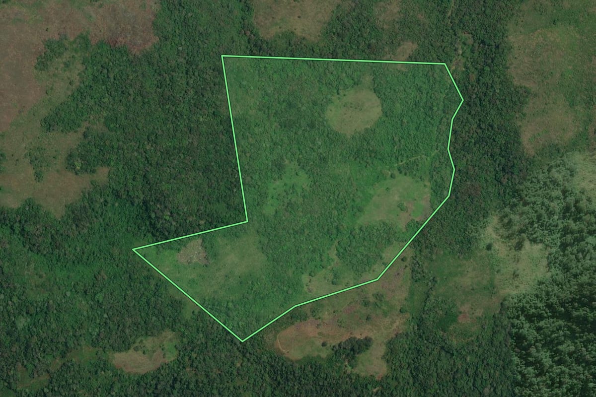 Imagem de satélite do imóvel rural em Adrianópolis (PR), com o contorno declarado no CAR desenhado por cima.