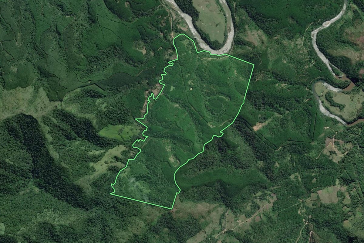 Imagem de satélite do imóvel rural em Adrianópolis (PR), com o contorno declarado no CAR desenhado por cima.
