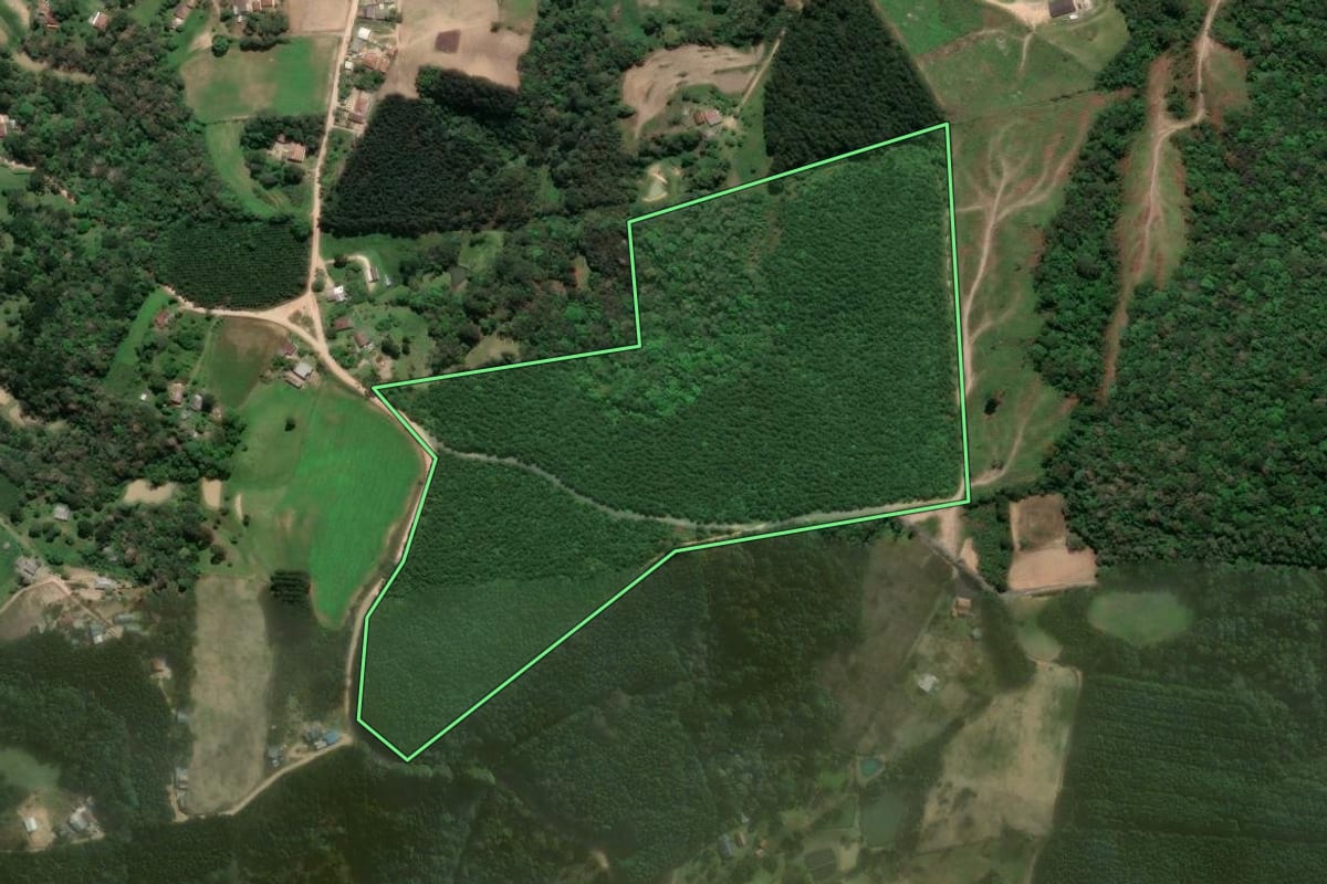 Imagem de satélite do imóvel rural em Agudos do Sul (PR), com o contorno declarado no CAR desenhado por cima.