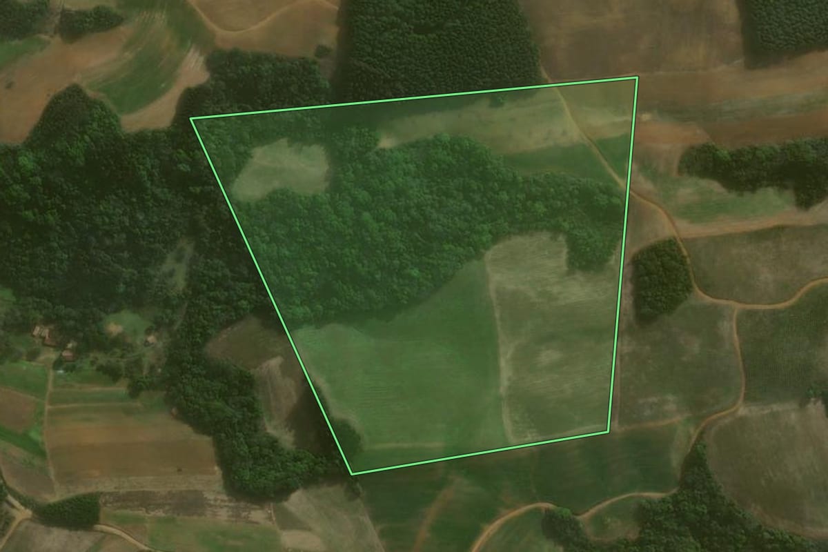 Imagem de satélite do imóvel rural em Agudos do Sul (PR), com o contorno declarado no CAR desenhado por cima.