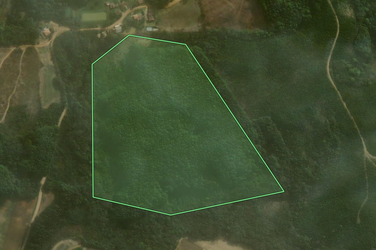 Imagem de satélite do imóvel rural em Agudos do Sul (PR), com o contorno declarado no CAR desenhado por cima.