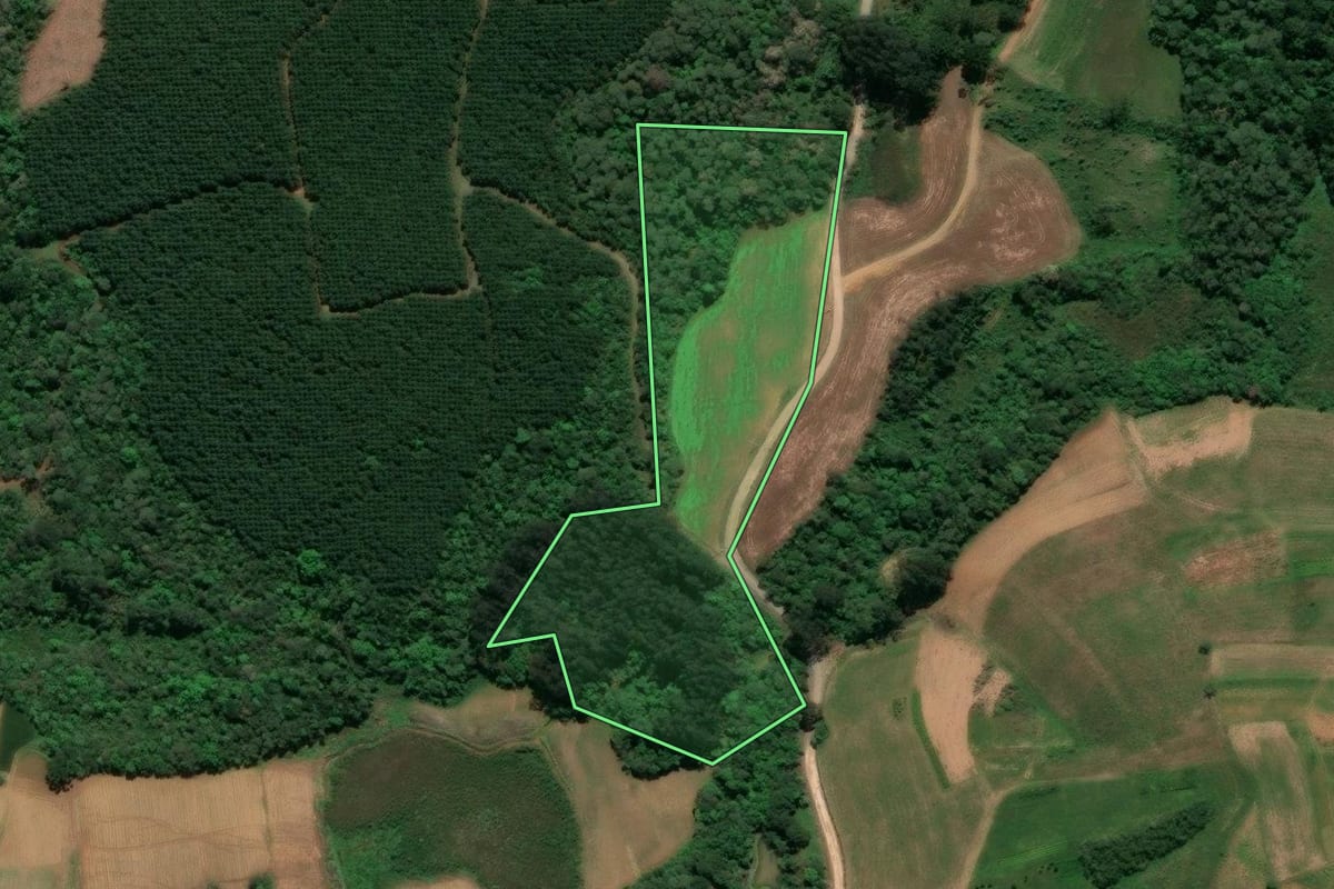 Imagem de satélite do imóvel rural em Agudos do Sul (PR), com o contorno declarado no CAR desenhado por cima.