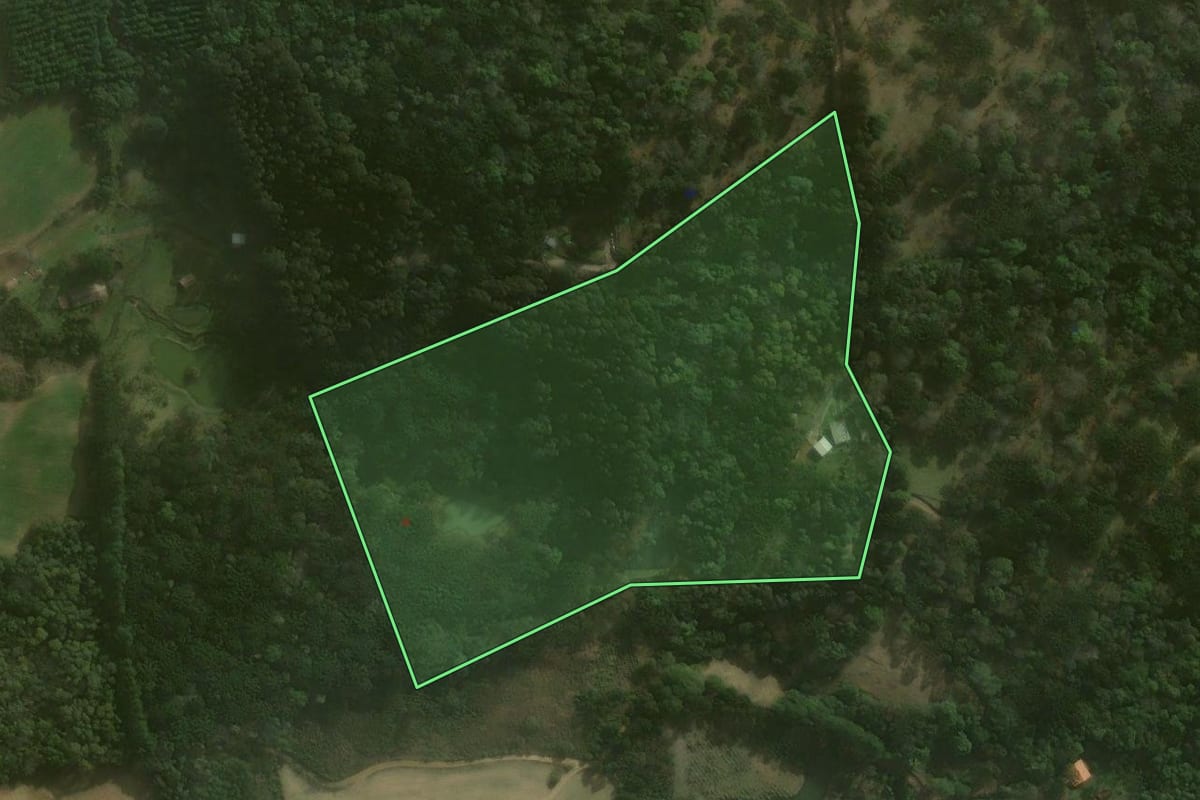 Imagem de satélite do imóvel rural em Agudos do Sul (PR), com o contorno declarado no CAR desenhado por cima.
