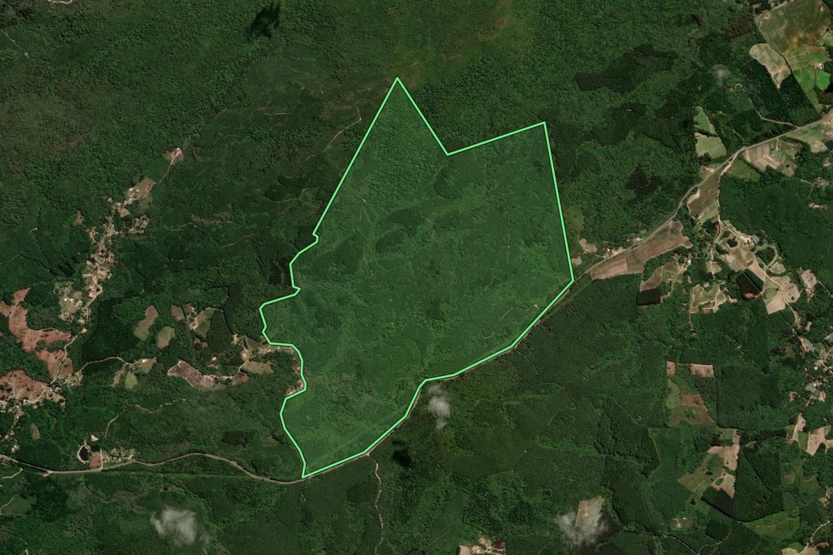 Imagem de satélite do imóvel rural em Agudos do Sul (PR), com o contorno declarado no CAR desenhado por cima.