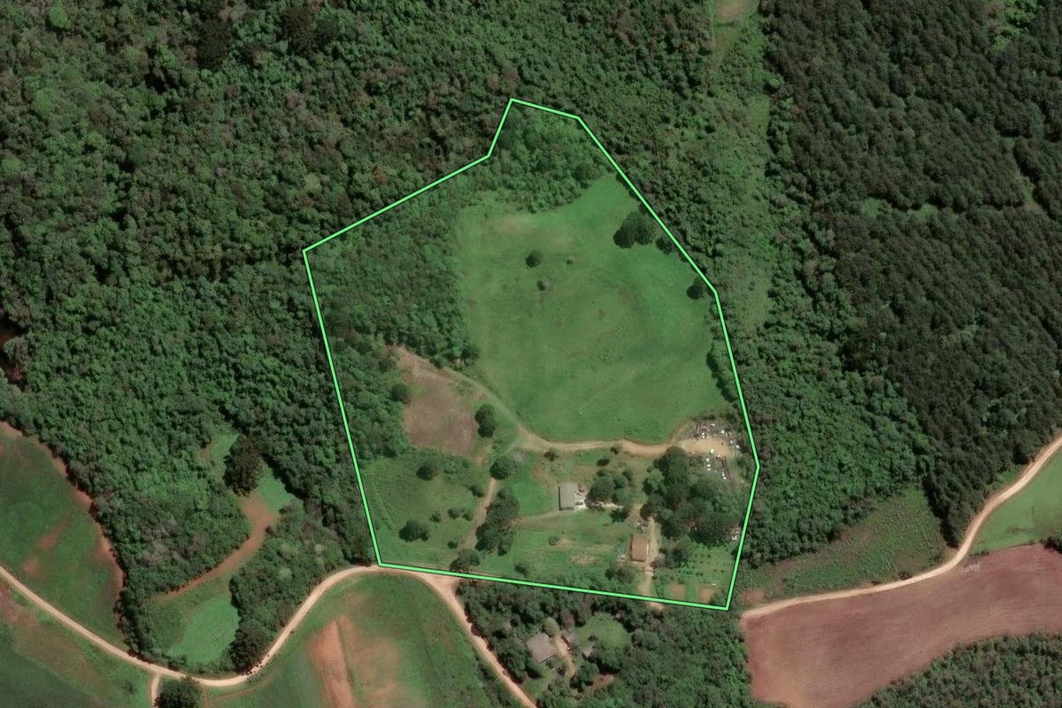 Imagem de satélite do imóvel rural em Almirante Tamandaré (PR), com o contorno declarado no CAR desenhado por cima.