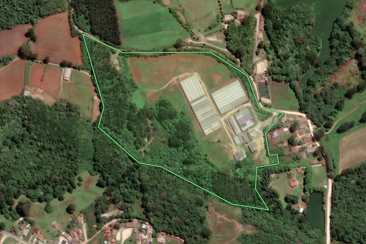 Imagem de satélite do imóvel rural em Almirante Tamandaré (PR), com o contorno declarado no CAR desenhado por cima.