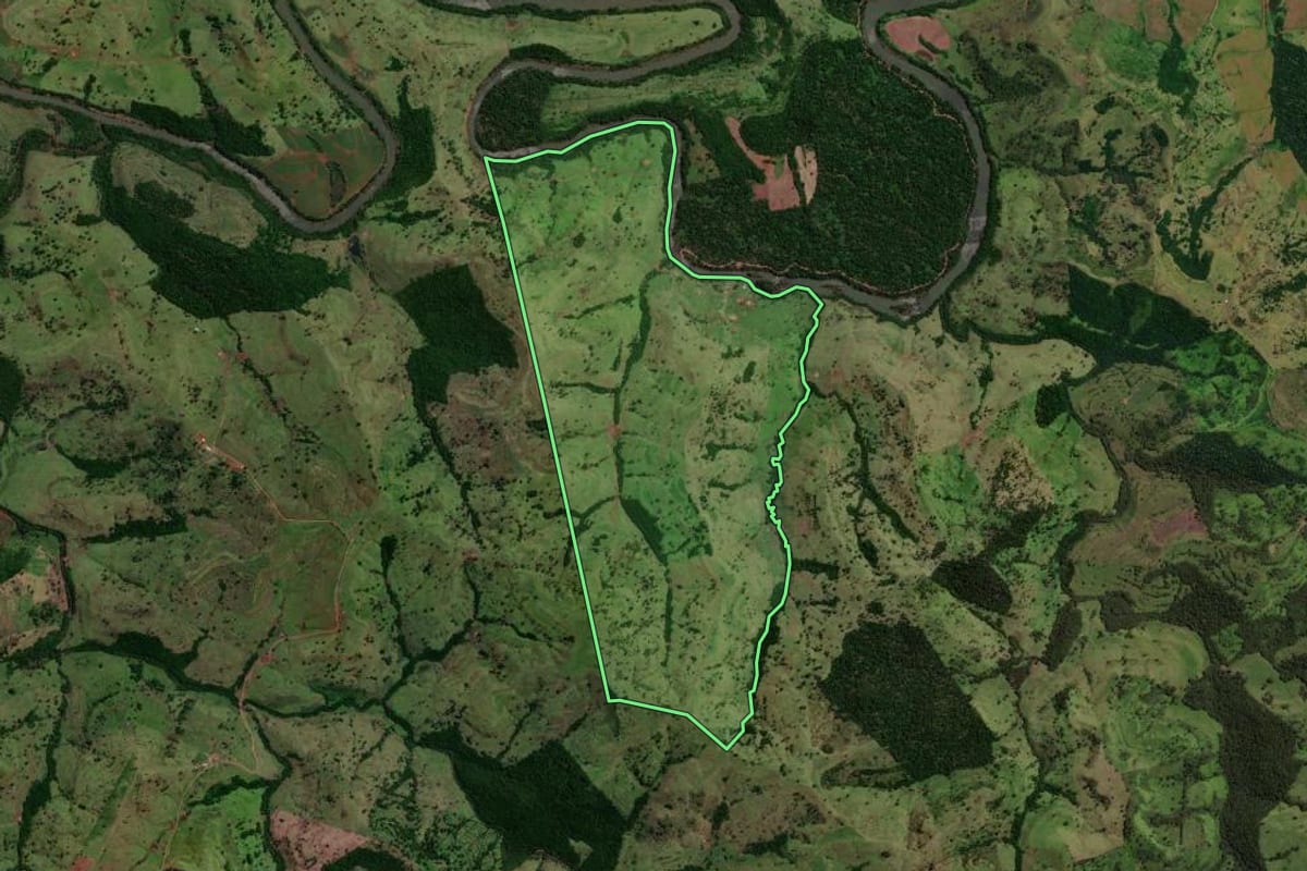Imagem de satélite do imóvel rural em Altamira do Paraná (PR), com o contorno declarado no CAR desenhado por cima.