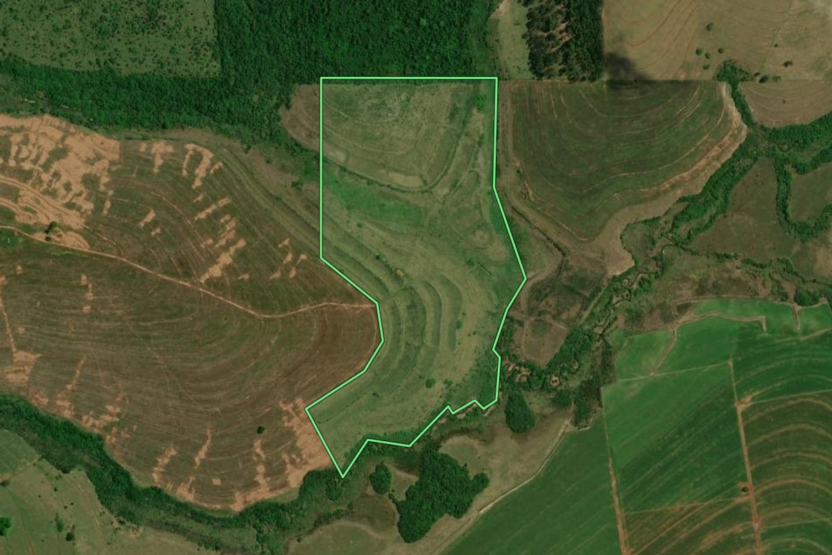 Imagem de satélite do imóvel rural em Altônia (PR), com o contorno declarado no CAR desenhado por cima.