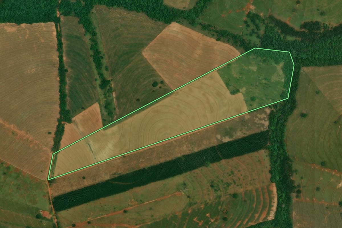 Imagem de satélite do imóvel rural em Altônia (PR), com o contorno declarado no CAR desenhado por cima.