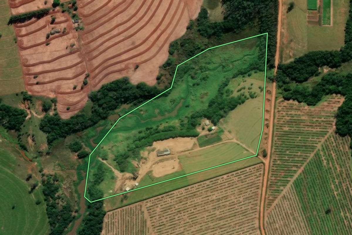 Imagem de satélite do imóvel rural em Alto Paraná (PR), com o contorno declarado no CAR desenhado por cima.