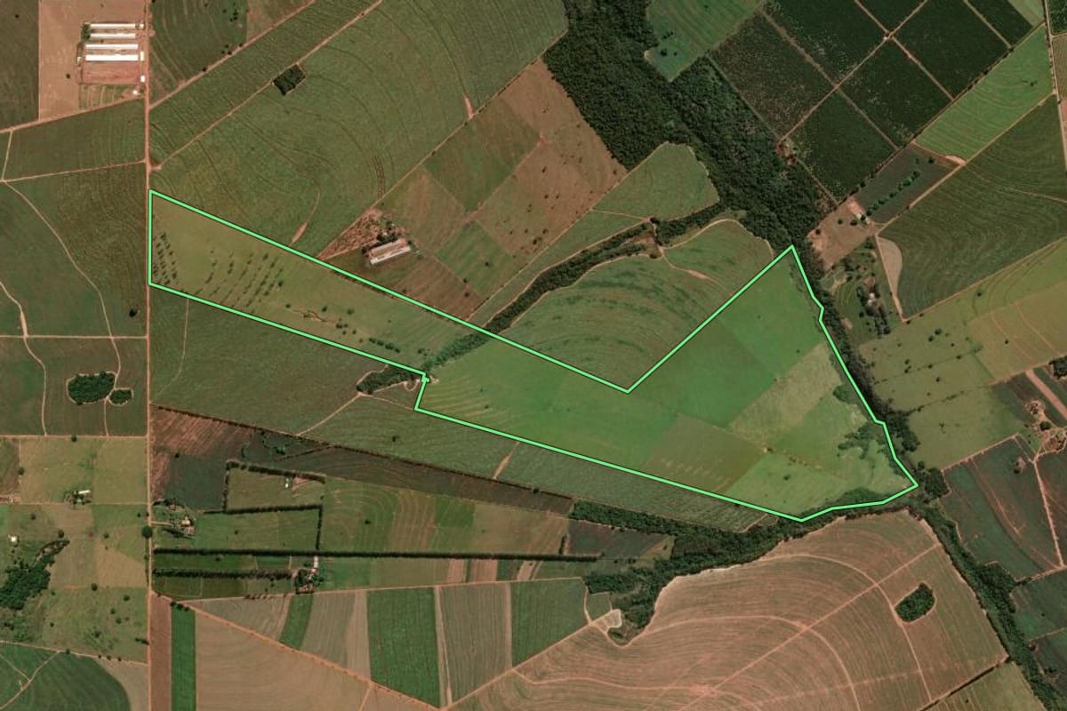 Imagem de satélite do imóvel rural em Alto Paraná (PR), com o contorno declarado no CAR desenhado por cima.