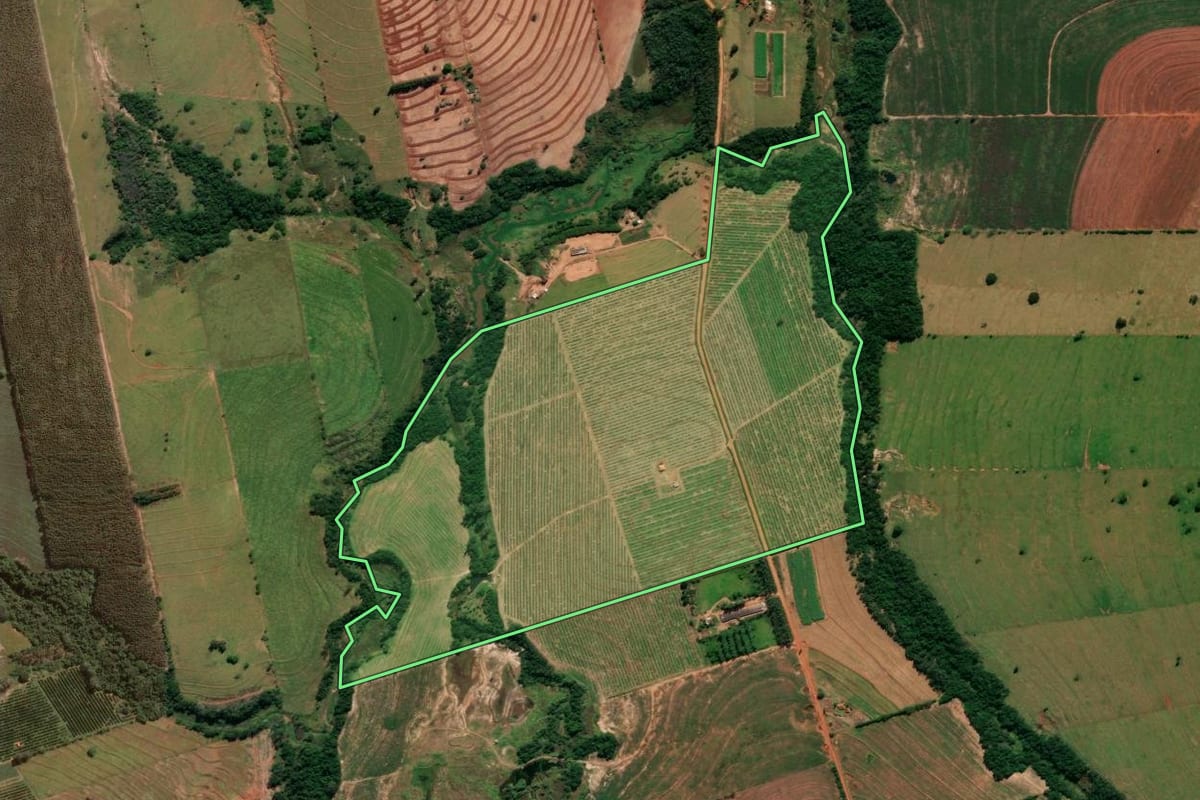 Imagem de satélite do imóvel rural em Alto Paraná (PR), com o contorno declarado no CAR desenhado por cima.
