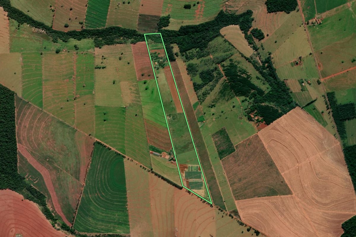 Imagem de satélite do imóvel rural em Alto Paraná (PR), com o contorno declarado no CAR desenhado por cima.