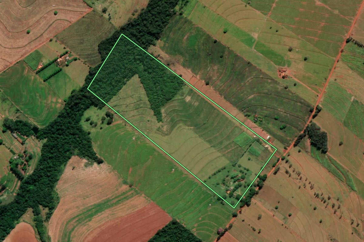 Imagem de satélite do imóvel rural em Alto Paraná (PR), com o contorno declarado no CAR desenhado por cima.