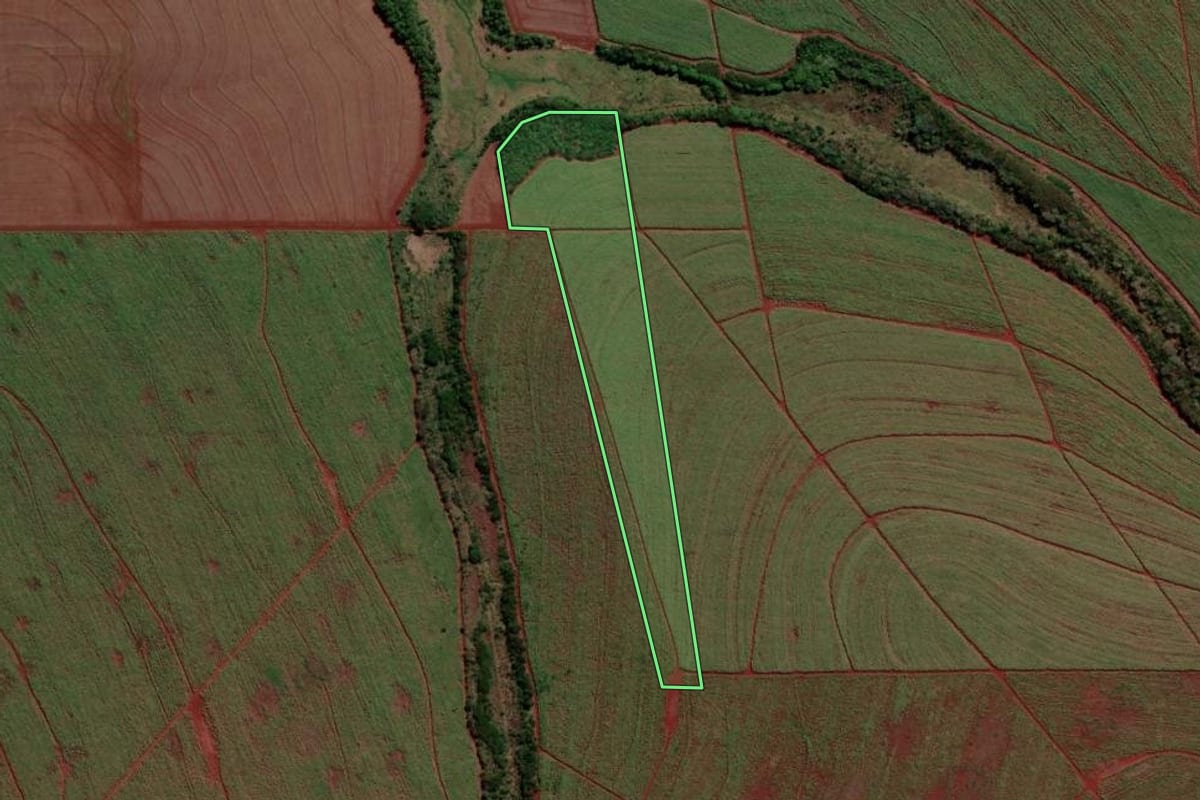 Imagem de satélite do imóvel rural em Alvorada do Sul (PR), com o contorno declarado no CAR desenhado por cima.