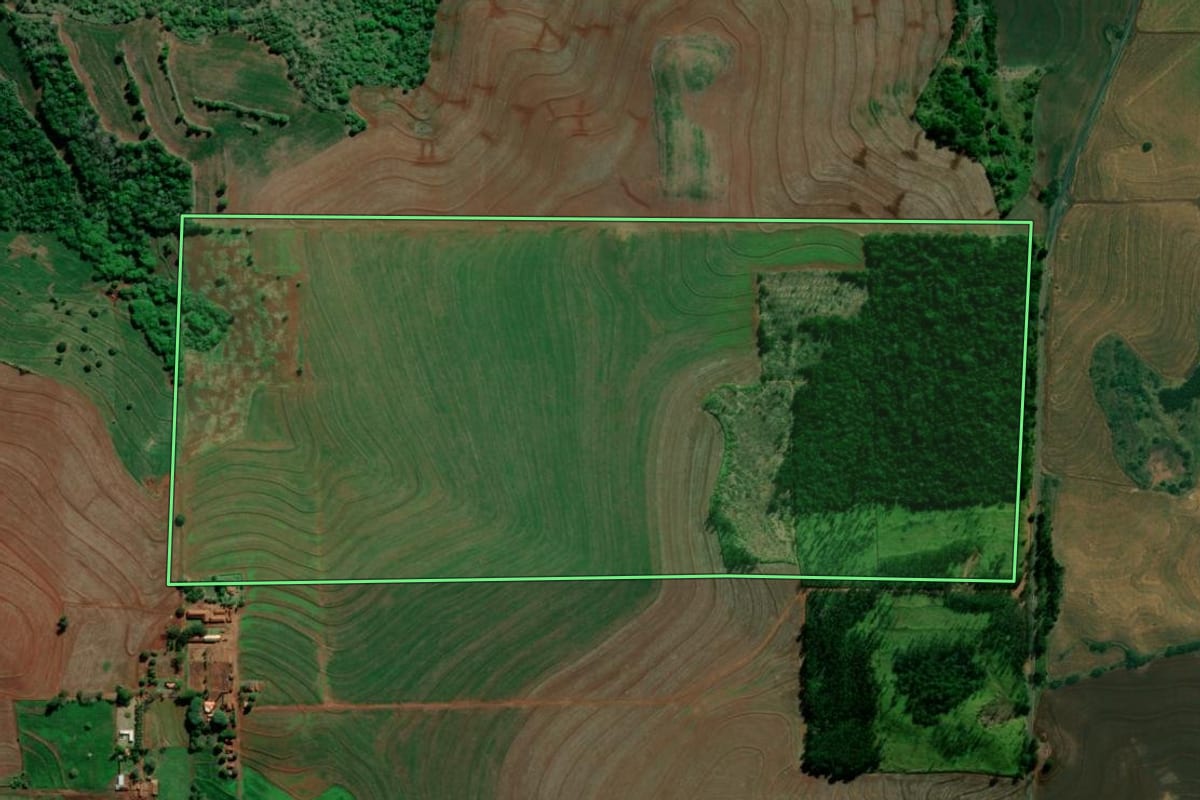 Imagem de satélite do imóvel rural em Alvorada do Sul (PR), com o contorno declarado no CAR desenhado por cima.