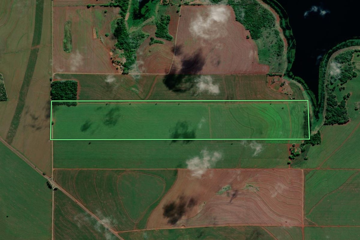 Imagem de satélite do imóvel rural em Alvorada do Sul (PR), com o contorno declarado no CAR desenhado por cima.