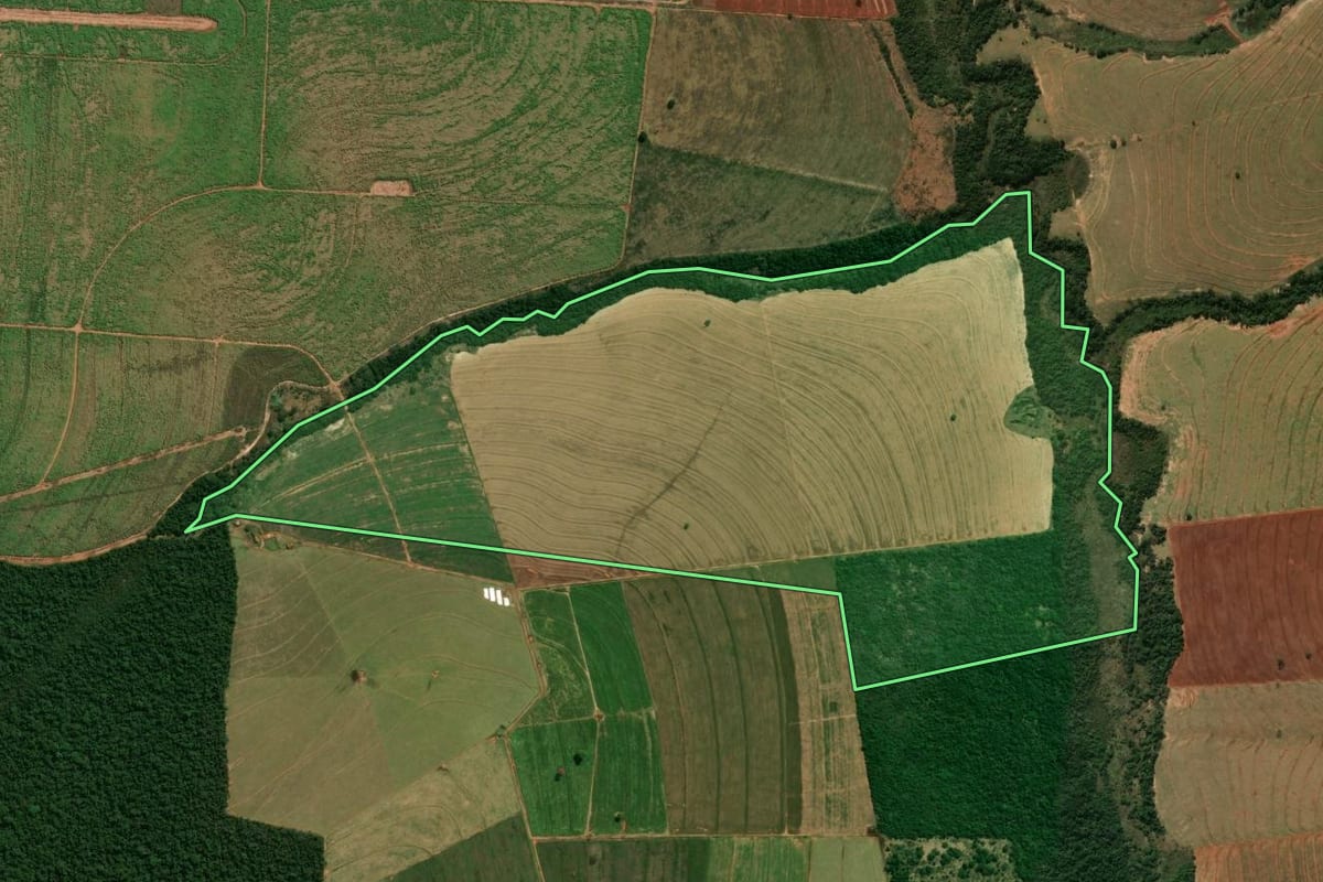 Imagem de satélite do imóvel rural em Amaporã (PR), com o contorno declarado no CAR desenhado por cima.