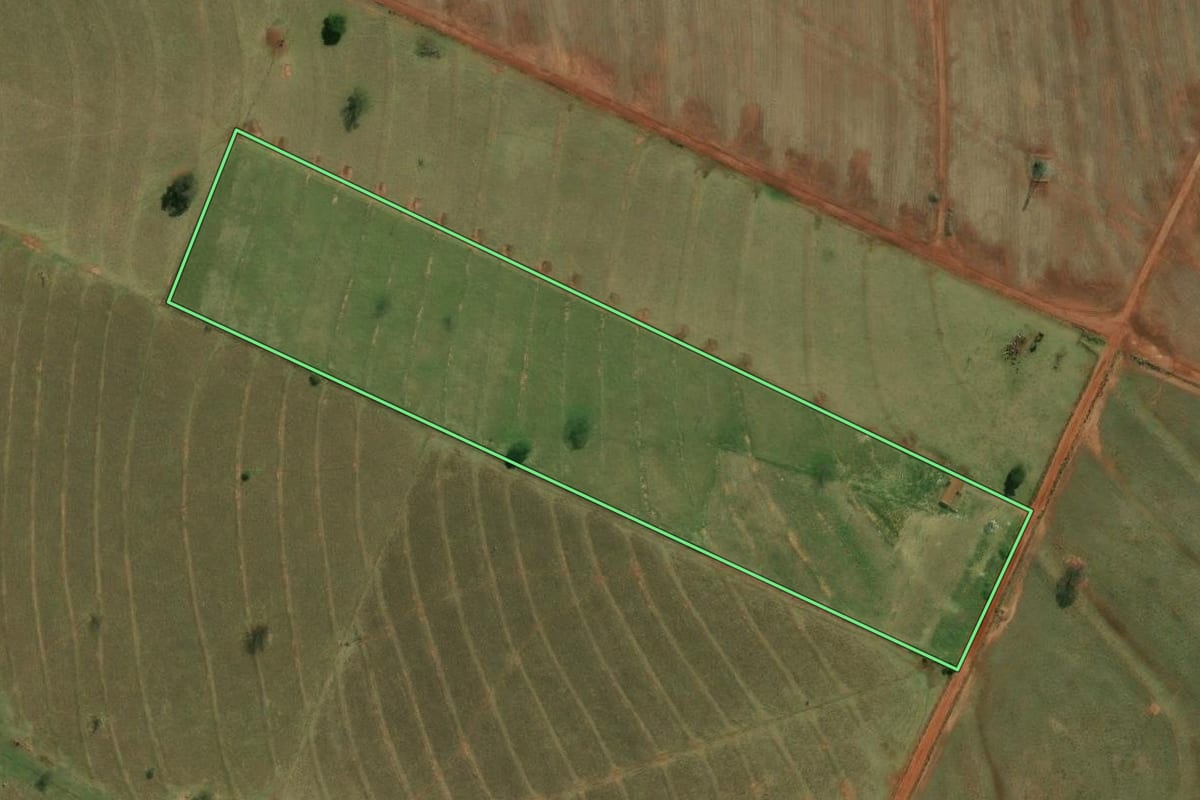 Imagem de satélite do imóvel rural em Amaporã (PR), com o contorno declarado no CAR desenhado por cima.