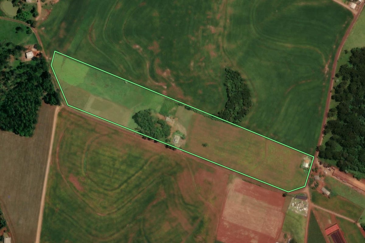Imagem de satélite do imóvel rural em Ampére (PR), com o contorno declarado no CAR desenhado por cima.