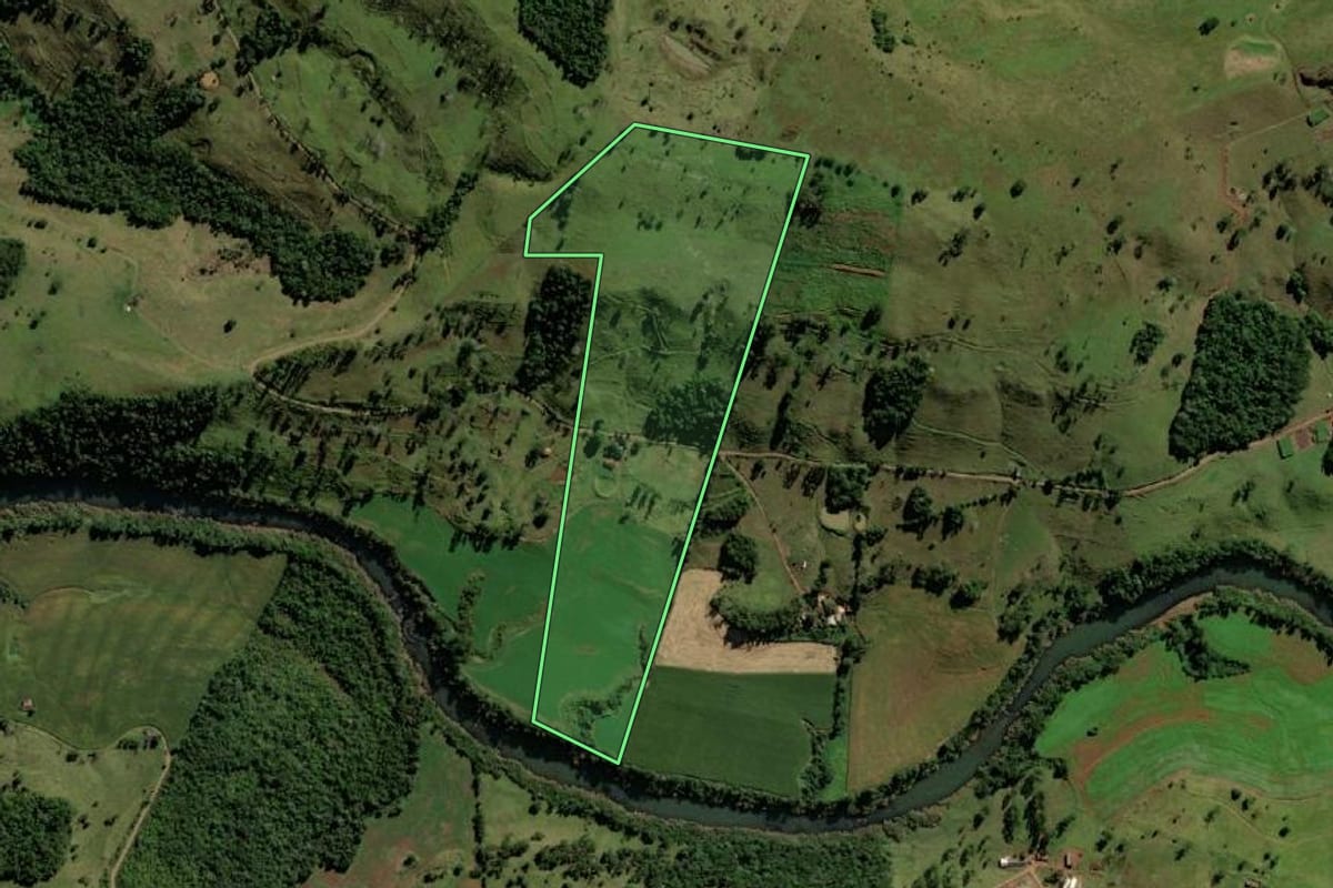 Imagem de satélite do imóvel rural em Ampére (PR), com o contorno declarado no CAR desenhado por cima.
