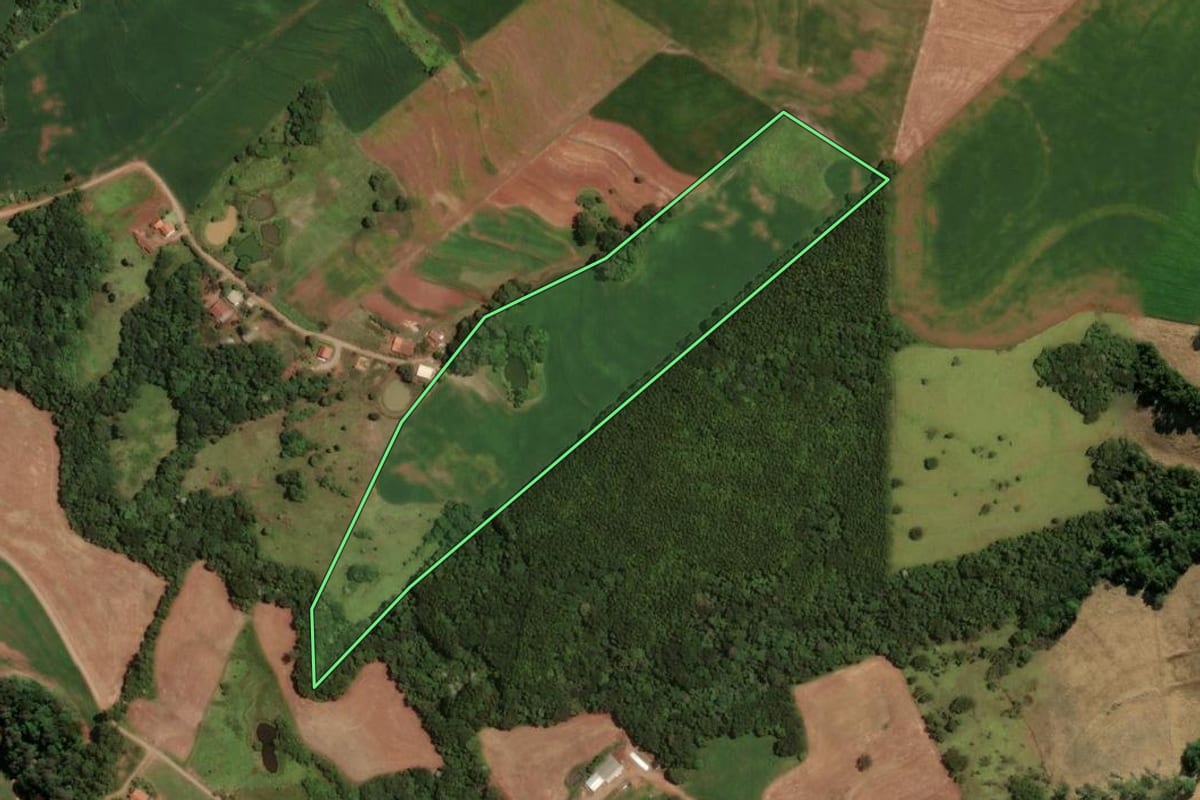 Imagem de satélite do imóvel rural em Ampére (PR), com o contorno declarado no CAR desenhado por cima.