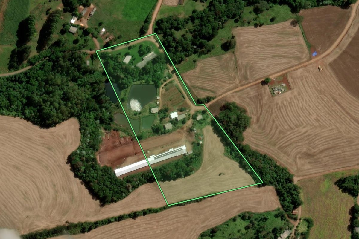 Imagem de satélite do imóvel rural em Ampére (PR), com o contorno declarado no CAR desenhado por cima.