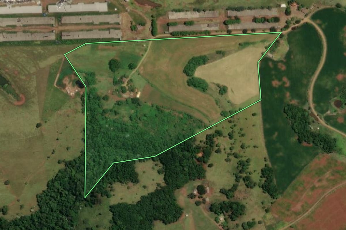 Imagem de satélite do imóvel rural em Ampére (PR), com o contorno declarado no CAR desenhado por cima.