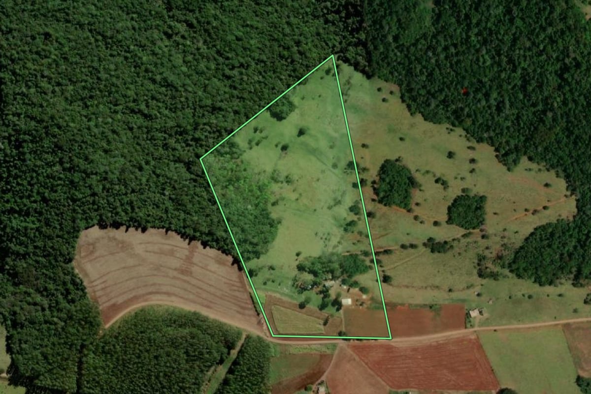 Imagem de satélite do imóvel rural em Ampére (PR), com o contorno declarado no CAR desenhado por cima.