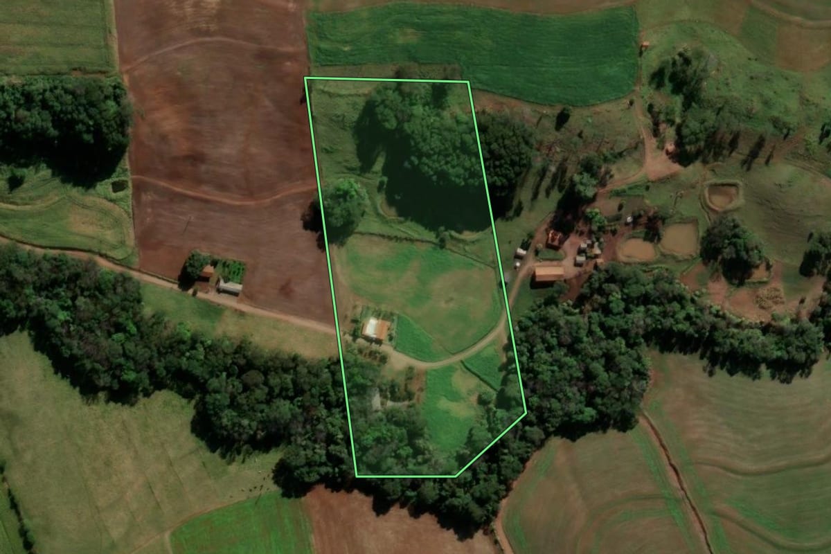 Imagem de satélite do imóvel rural em Ampére (PR), com o contorno declarado no CAR desenhado por cima.