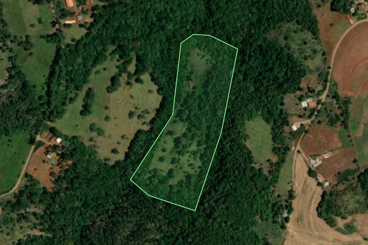 Imagem de satélite do imóvel rural em Ampére (PR), com o contorno declarado no CAR desenhado por cima.