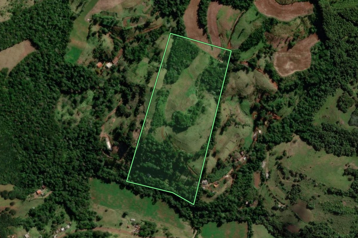 Imagem de satélite do imóvel rural em Ampére (PR), com o contorno declarado no CAR desenhado por cima.