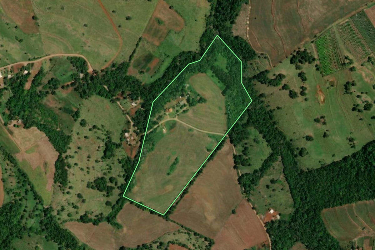 Imagem de satélite do imóvel rural em Ampére (PR), com o contorno declarado no CAR desenhado por cima.